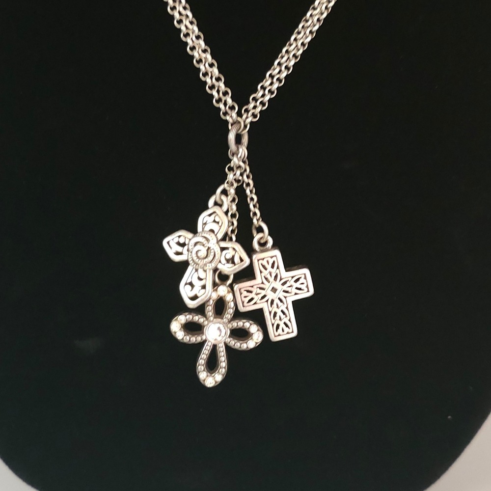 Brighton Triple Cross Necklace Silver Tone 26-28in Rhinestone Faith Religious